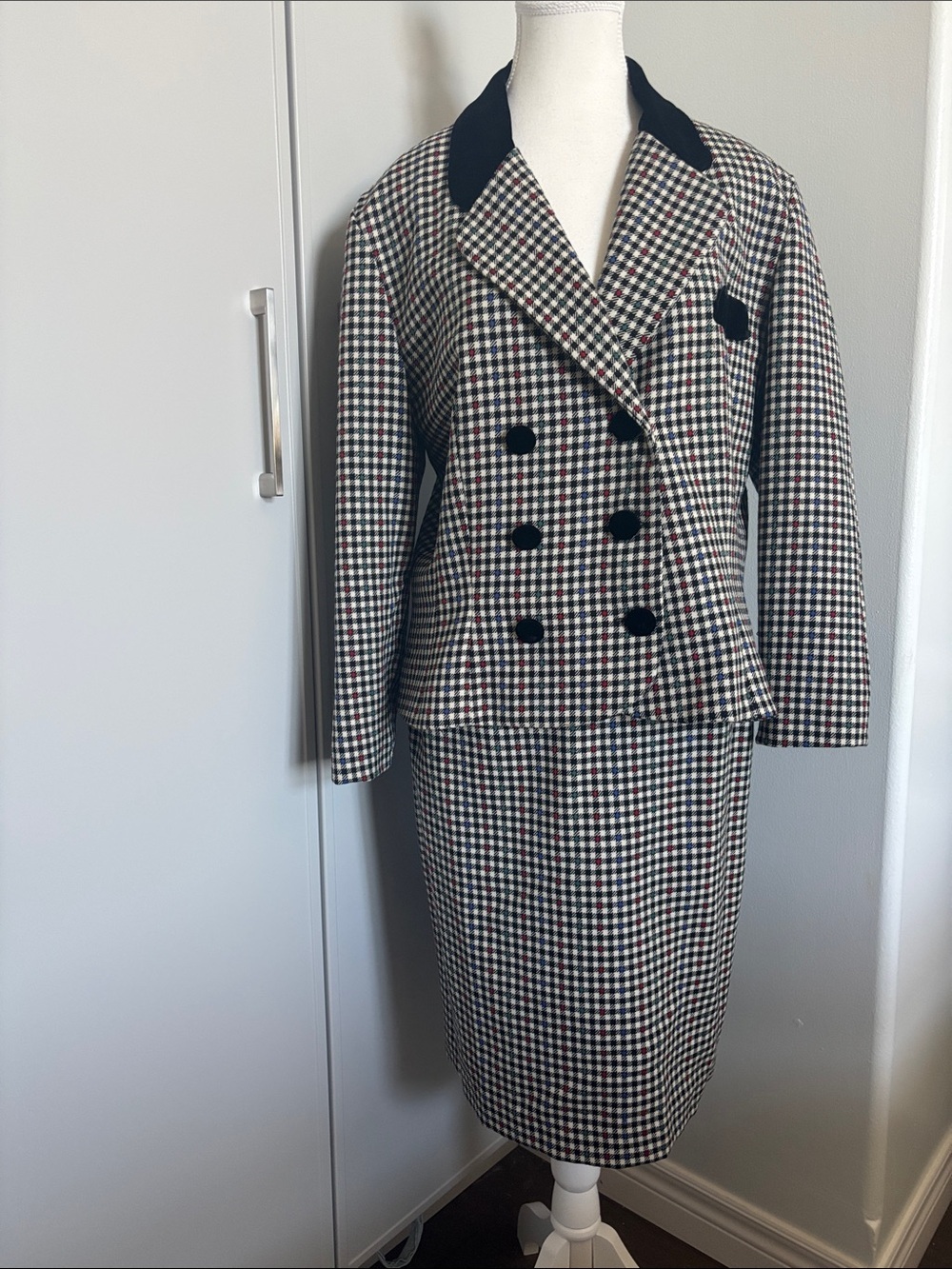 Vintage Houndstooth Two-Piece Skirt Suit with Black Velvet Accents